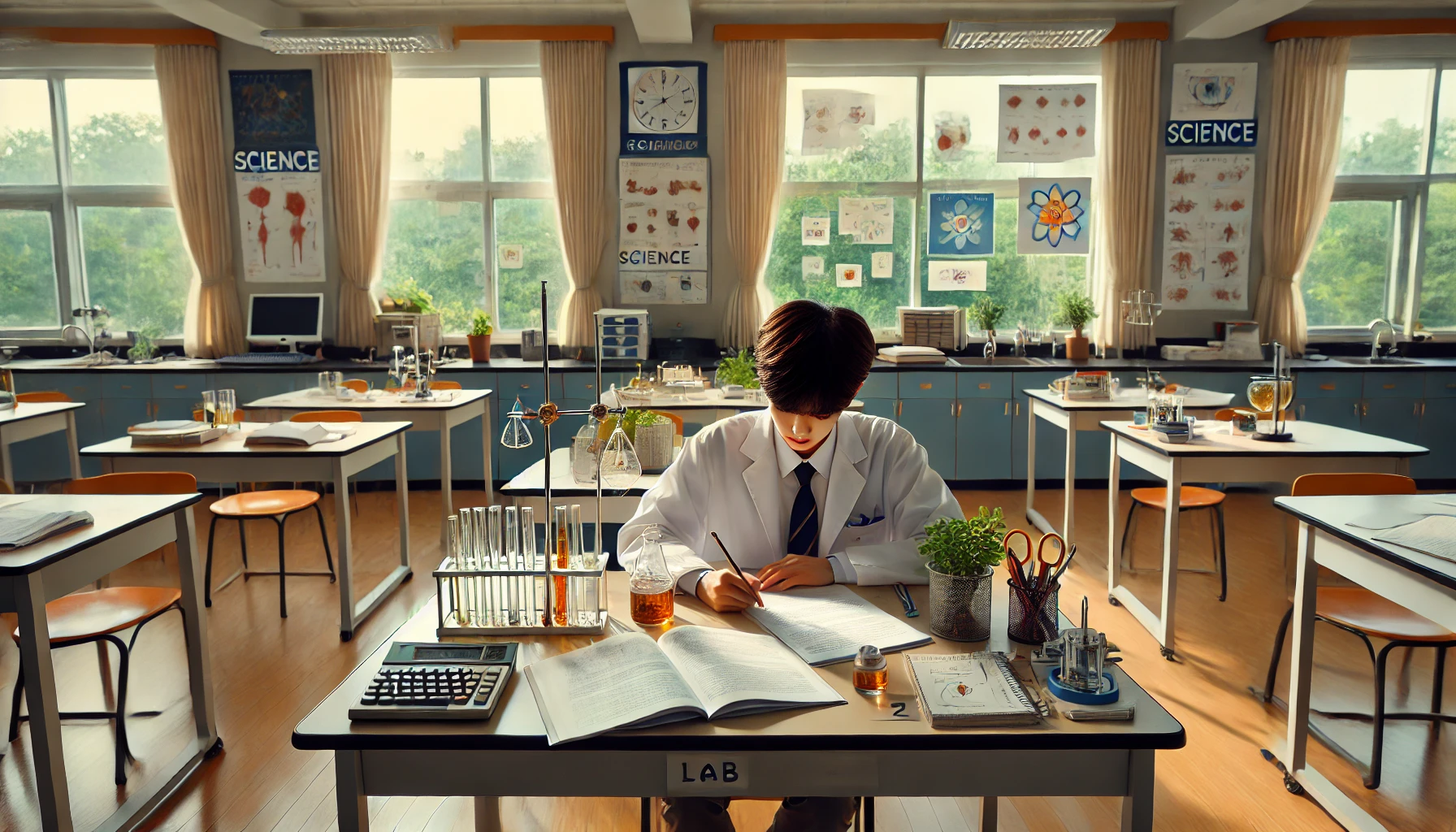 과학 수행평가 보고서를 작성 중인 학생의 집중된 모습