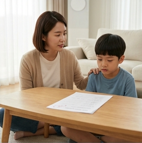 엄마가 차분하게 아이 옆에 앉아 이야기 나누는 모습