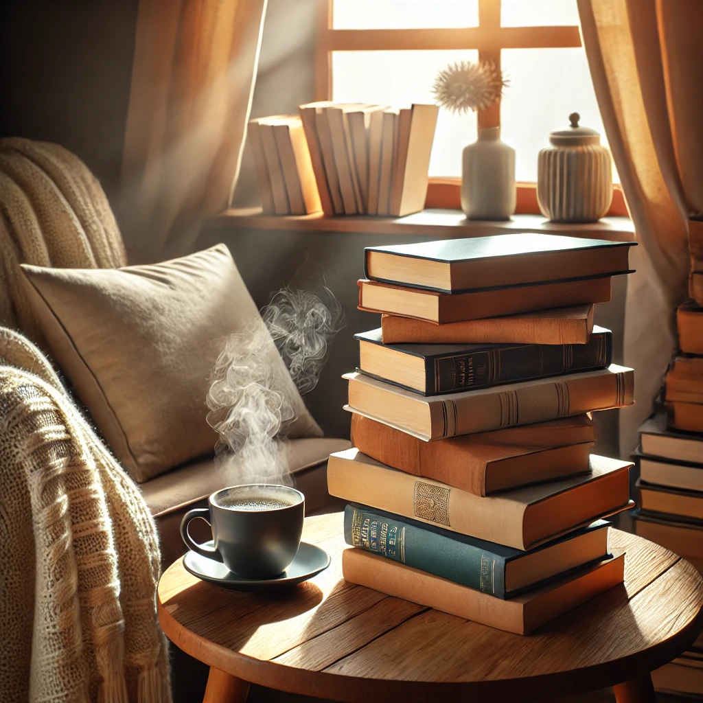 책을 쌓아놓은 사진