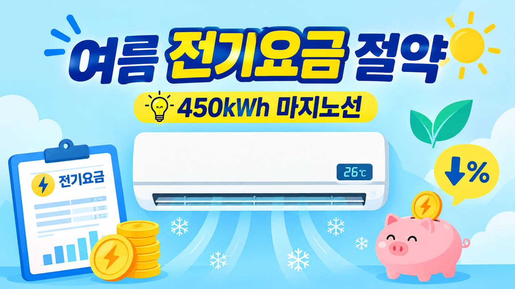 여름 전기요금 절약 방법과 에어컨 26도 적정 온도, 450kWh 누진세 마지노선을 안내하는 이미지
