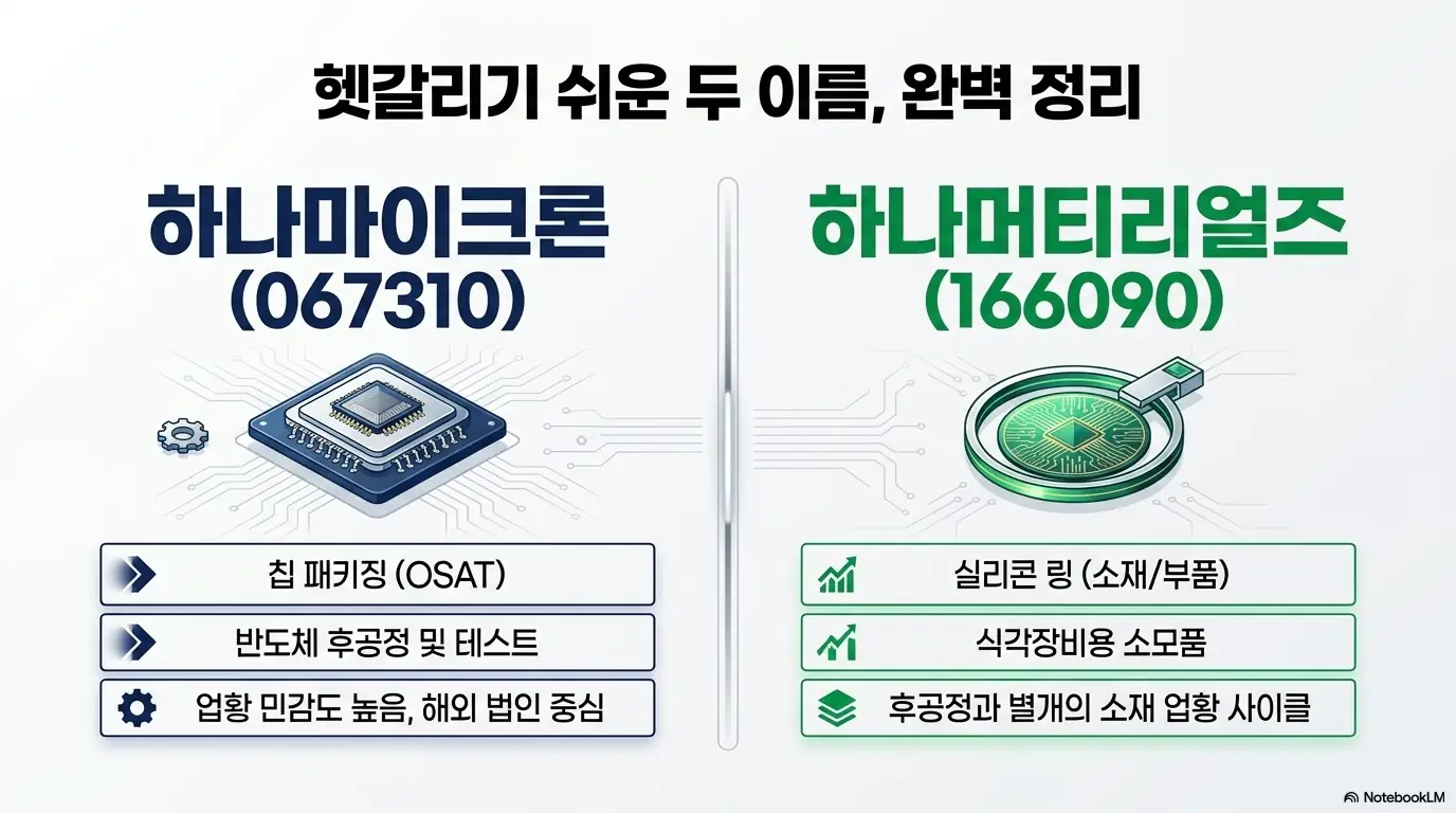 하나마이크론 주가 전망: 하나마이크론(067310)과 하나머티리얼즈(166090)를 좌우로 나눠 비교한 이미지. 하나마이크론은 칩 패키징과 후공정 테스트를&amp;#44; 하나머티리얼즈는 실리콘 링 소재와 식각장비용 소모품을 담당하며 업황 사이클이 서로 다름을 보여준다. 혼동하기 쉬운 두 종목의 차이를 설명한다.