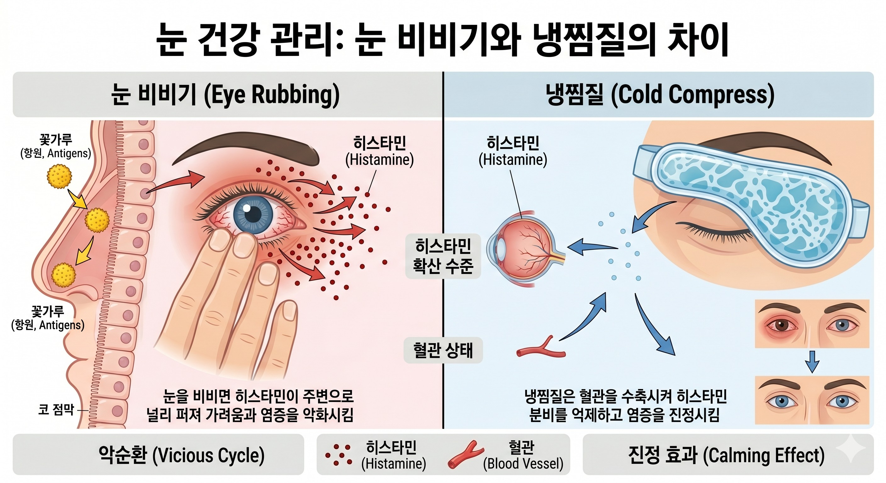눈을 비빌 때 히스타민이 퍼지는 모습과 냉찜질 시 혈관이 수축하며 진정되는 모습을 대비시킨 그림