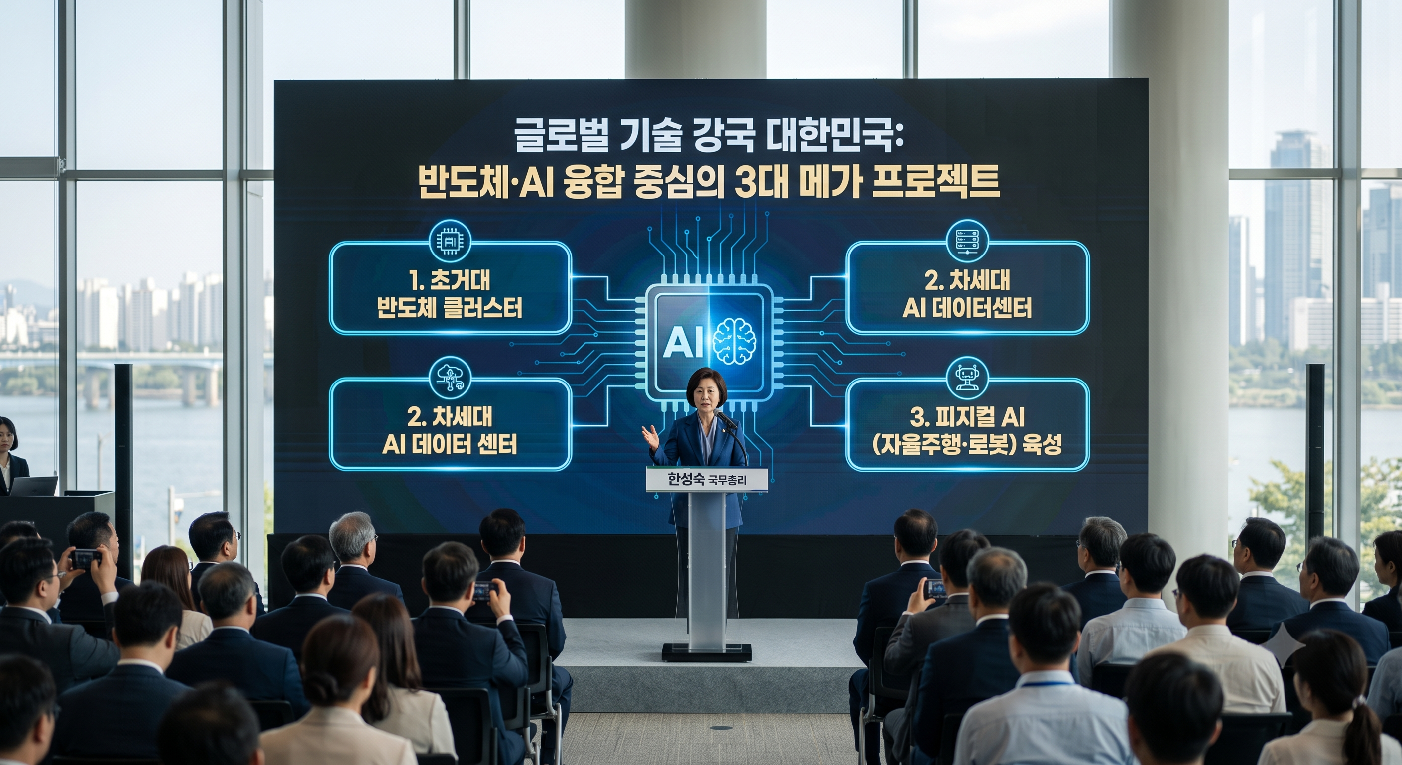 한성숙 총리가 강조한 반도체&middot;AI 융합 중심의 &lsquo;3대 메가 프로젝트에 관한 사진이다.