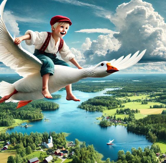 거위를 타고 하늘을 나는 닐스의 모습