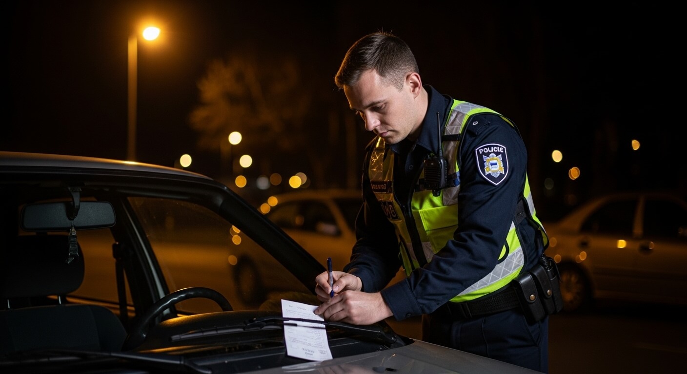 경찰관이 야간 도로에서 차량에 과태료를 부과하는 장면