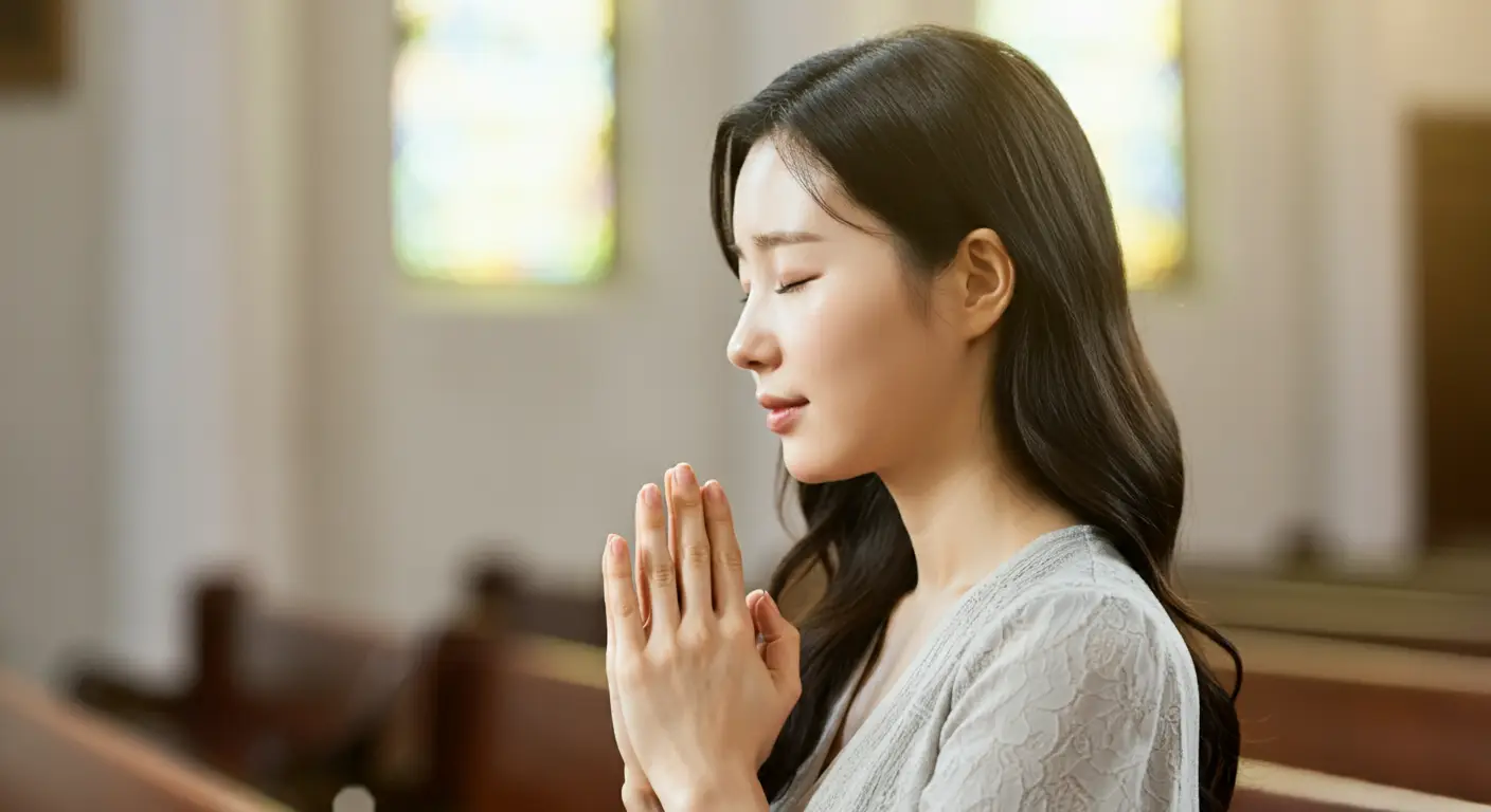 교회에서 기도하는 여성