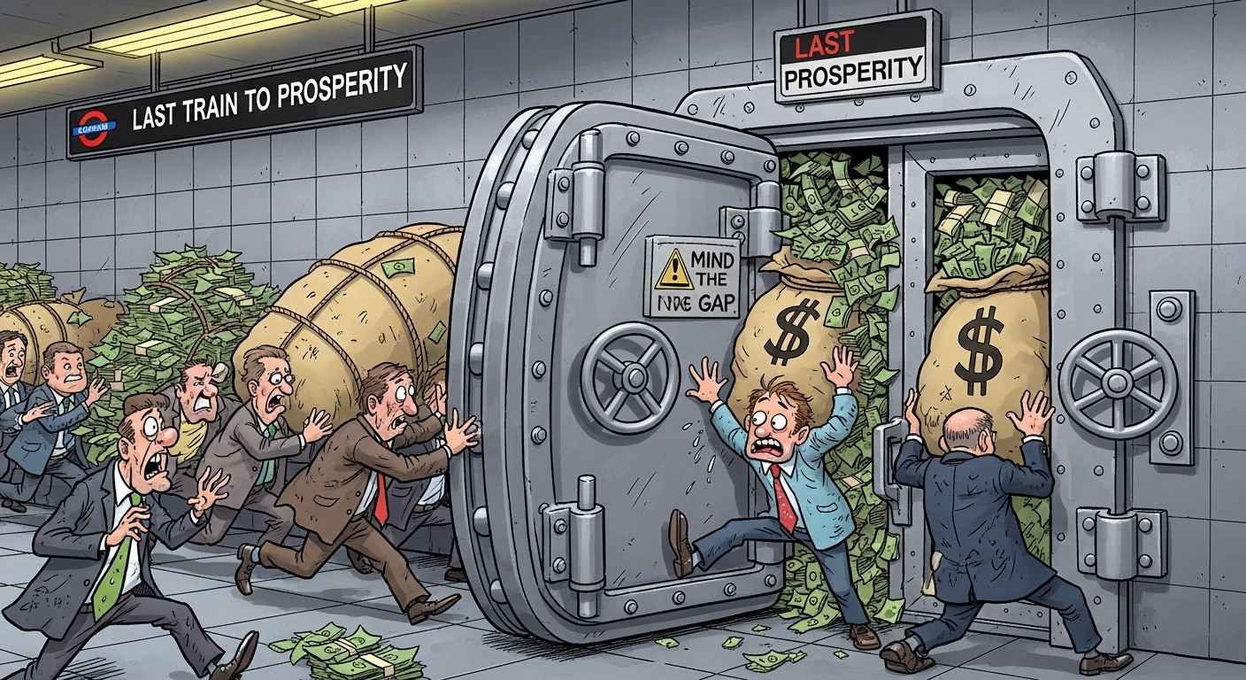 A humorous illustration of people desperately trying to push bundles of money (deposits) through the closing subway doors (bank vault doors).