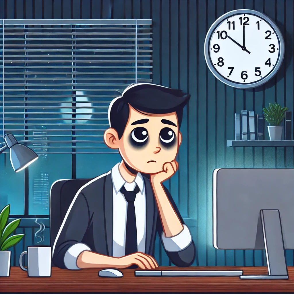 야근해서 피곤해 하는 직장인의 모습을 표현한 그림