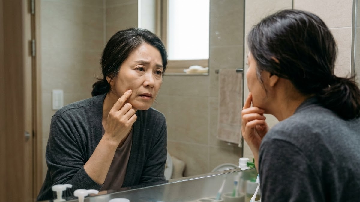거울을 보며 얼굴 한쪽을 손가락으로 만져 보는 여성