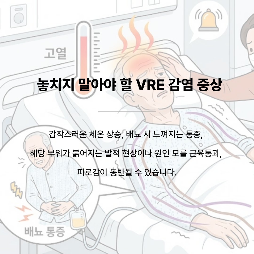 입원 중인 환자와 주변 환경, 비말이 아닌 접촉 감염을 나타내는 일러스트 배경. 텍스트 '주로 어디서, 어떻게 나타나나요? 주로 도움을 받는 시설 내에서 머무시는 도중 요로 통로를 통하거나, 사람 간의 접촉으로 인해 전파되는 경우가 많아 세심한 관리가 요구됩니다