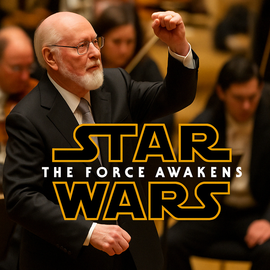 존 윌리엄스가 오케스트라를 지휘하고 있다. 그리고 스타워즈라고 써있다.