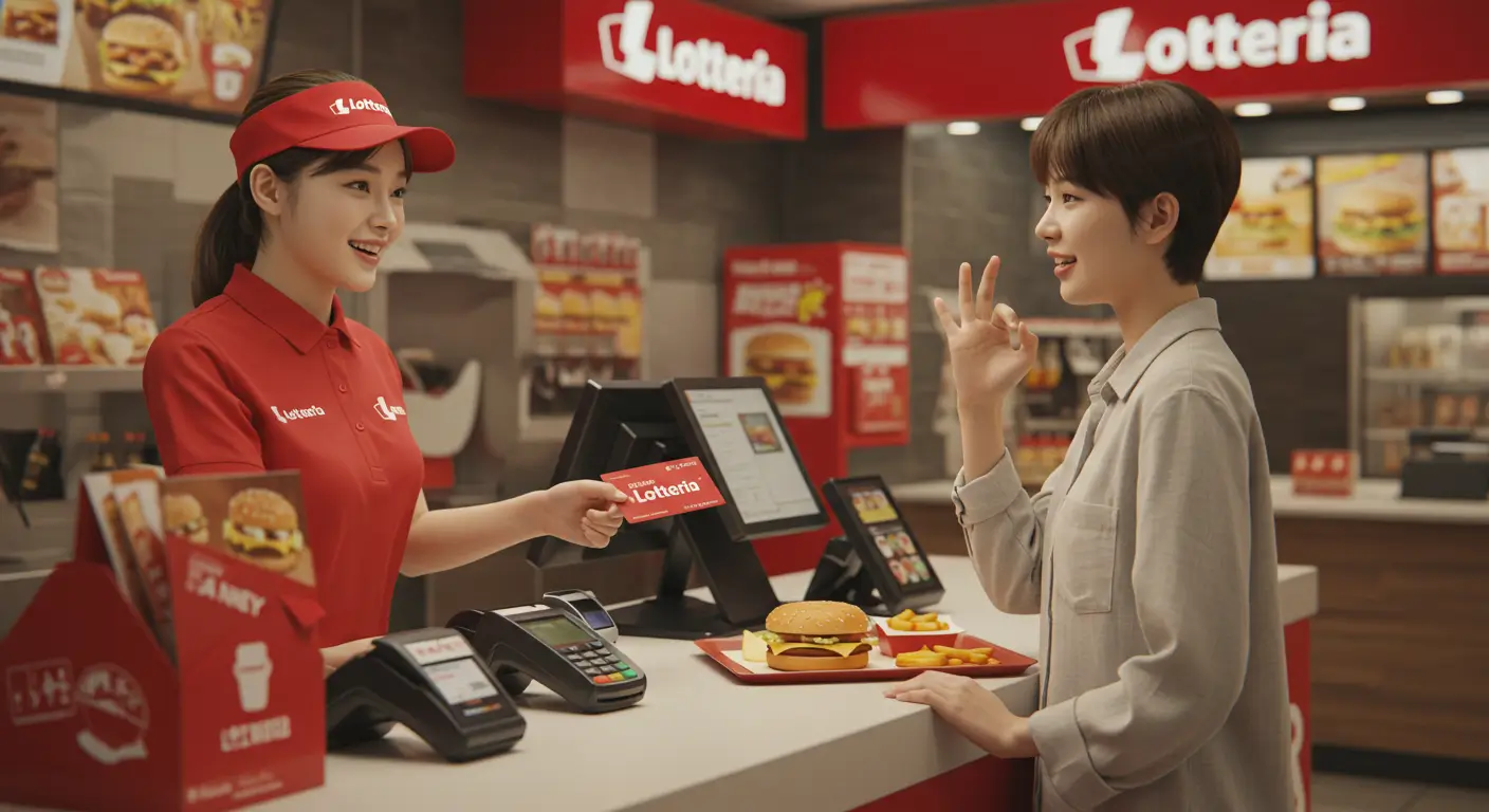 한 고객이 롯데리아 매장에서 민생회복 소비쿠폰(카드)으로 성공적으로 결제하며 안심하는 모습