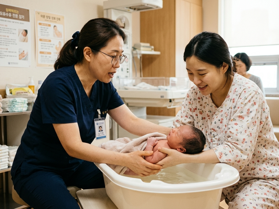 조리원에서 진행되는 신생아 목욕 교육 장면