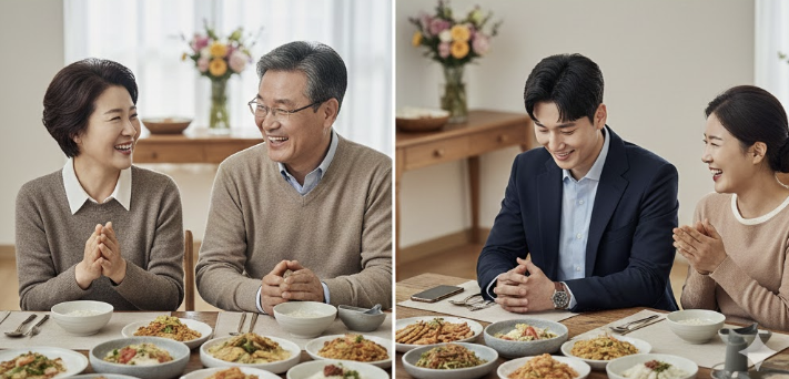 예비 장인,장모님과 첫 식사를 하고있는 예비 신랑의 모습