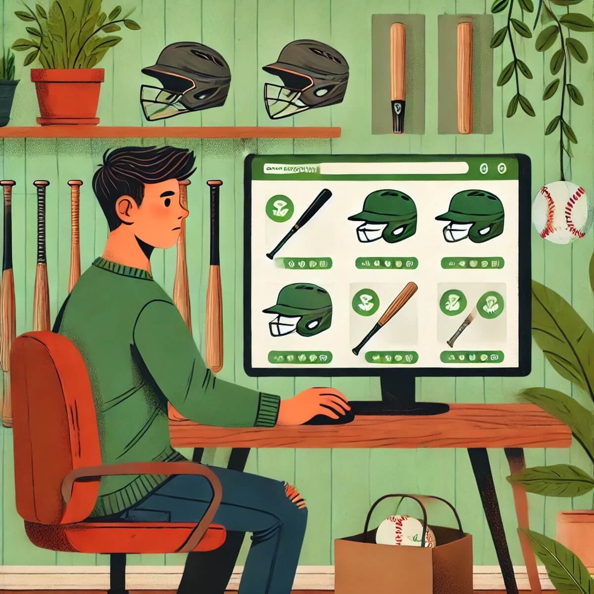 친환경 야구 장비를 온라인으로 비교 중인 소비자