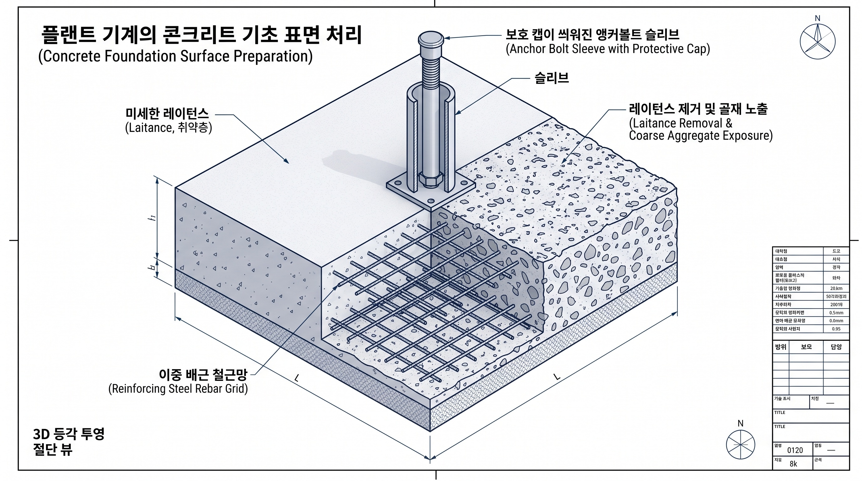 플랜트 회전기계 콘크리트 기초 표면 치핑 및 골재 노출 단면 공학 다이어그램