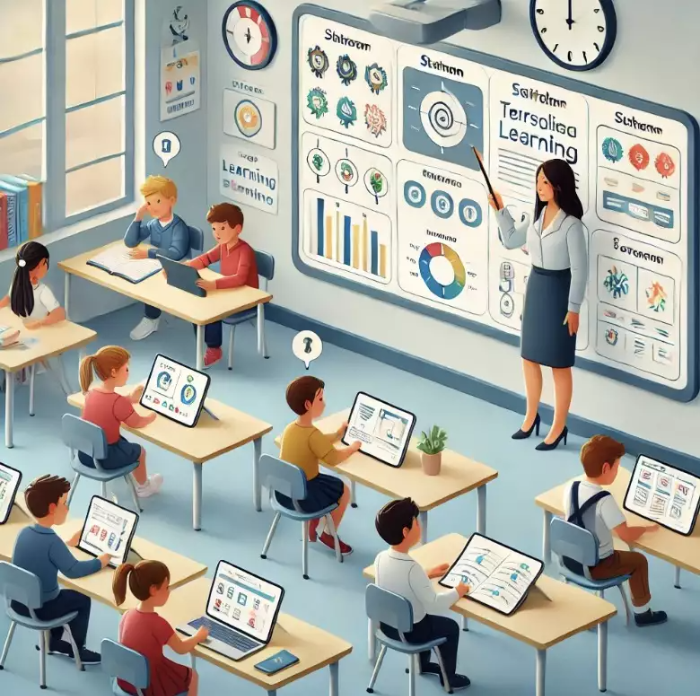 교사가 학생들에게 맞춤형 학습 계획을 지도하는 교실 장면. 각 학생은 자신의 성향에 맞는 학습 자료를 가지고 있으며, 일부는 워크시트, 책, 또는 태블릿을 활용하고 있다. 화이트보드에는 다양한 차트와 다이어그램이 그려져 있으며, 교사는 한 학생을 세심하게 돕고 있고 다른 학생들은 독립적으로 학습에 참여하고 있다. 차분하고 지원적인 학습 분위기가 강조된 모습.