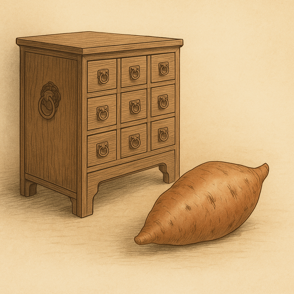 전통 약장 서랍과 고구마 일러스트가 함께 보이는 은은한 분위기
