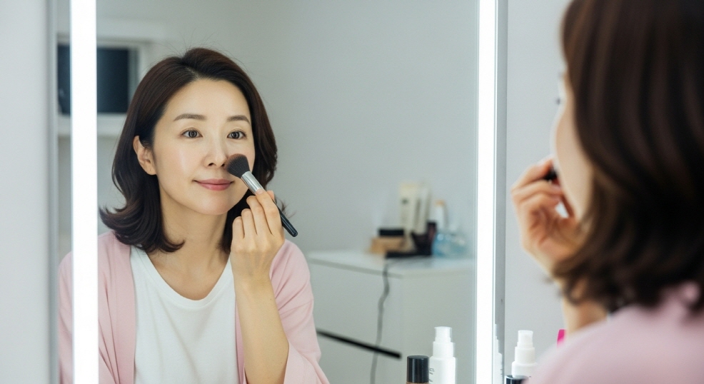 거울 앞에서 화장하는 엄마