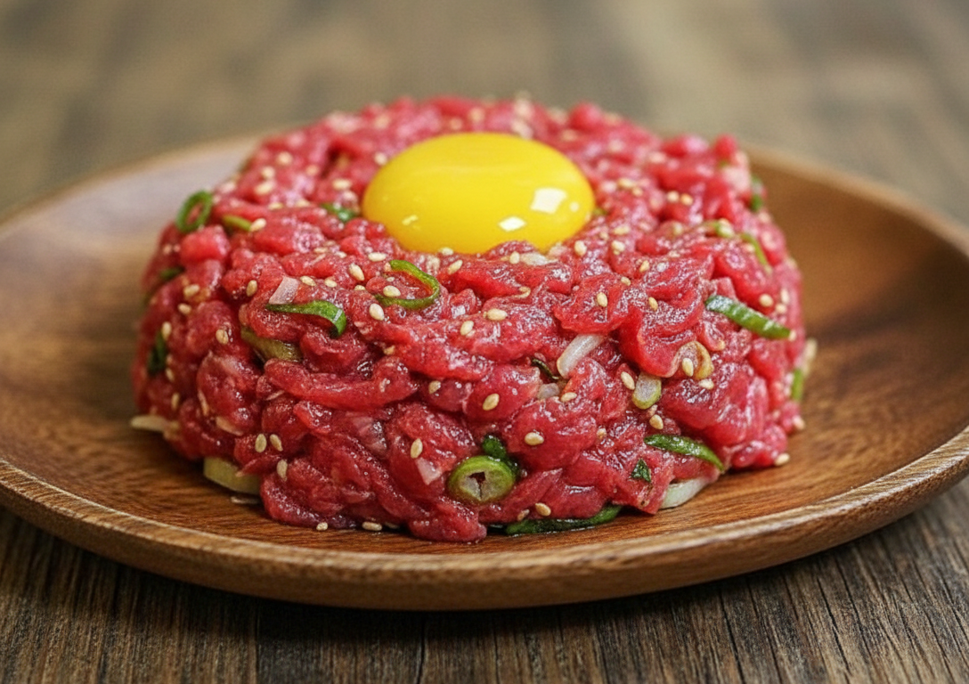 노란 노른자와 아삭한 배를 곁들인 신선한 한우 육회.