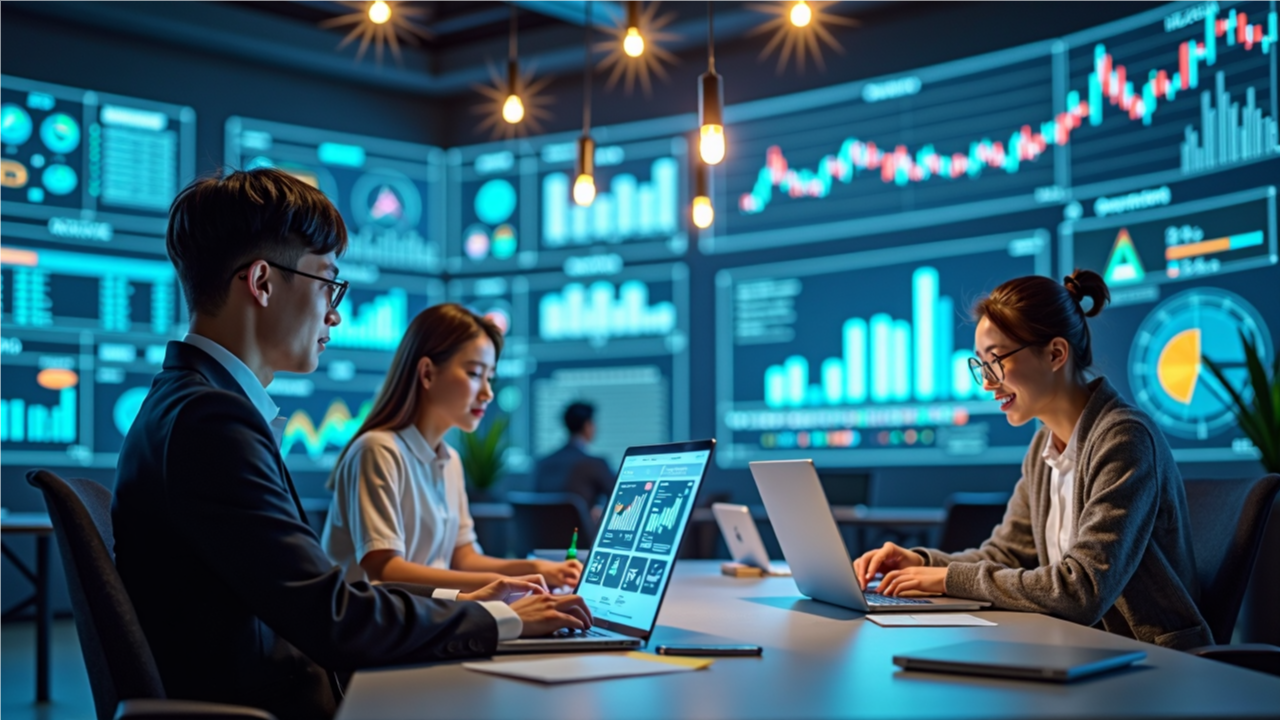 미래 지향적인 사무실에서 AI 도구를 활용하여 마케팅 전략을 협업하는 직장인들