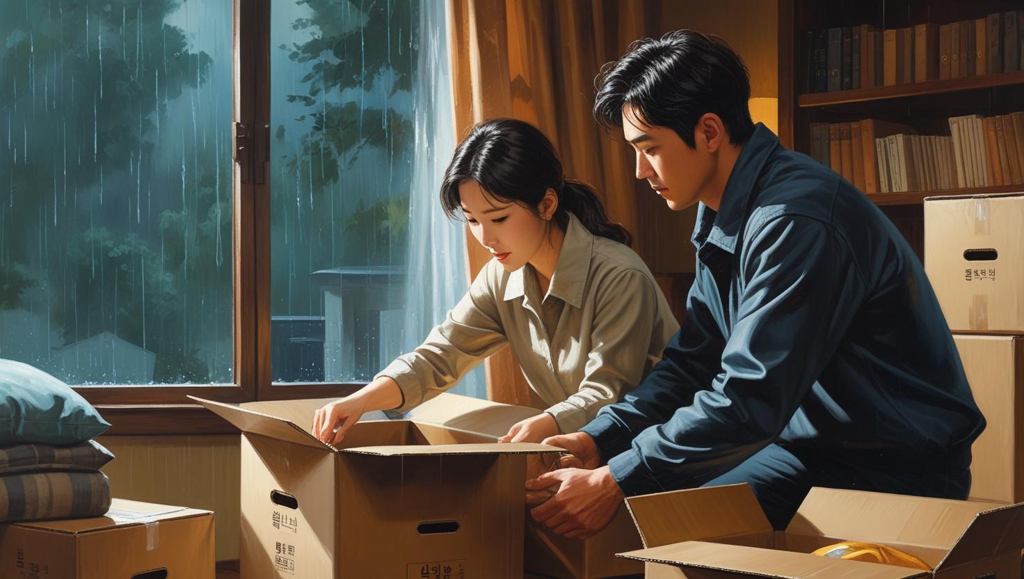 비오는 날 집안에서 이삿짐을 싸는 부부