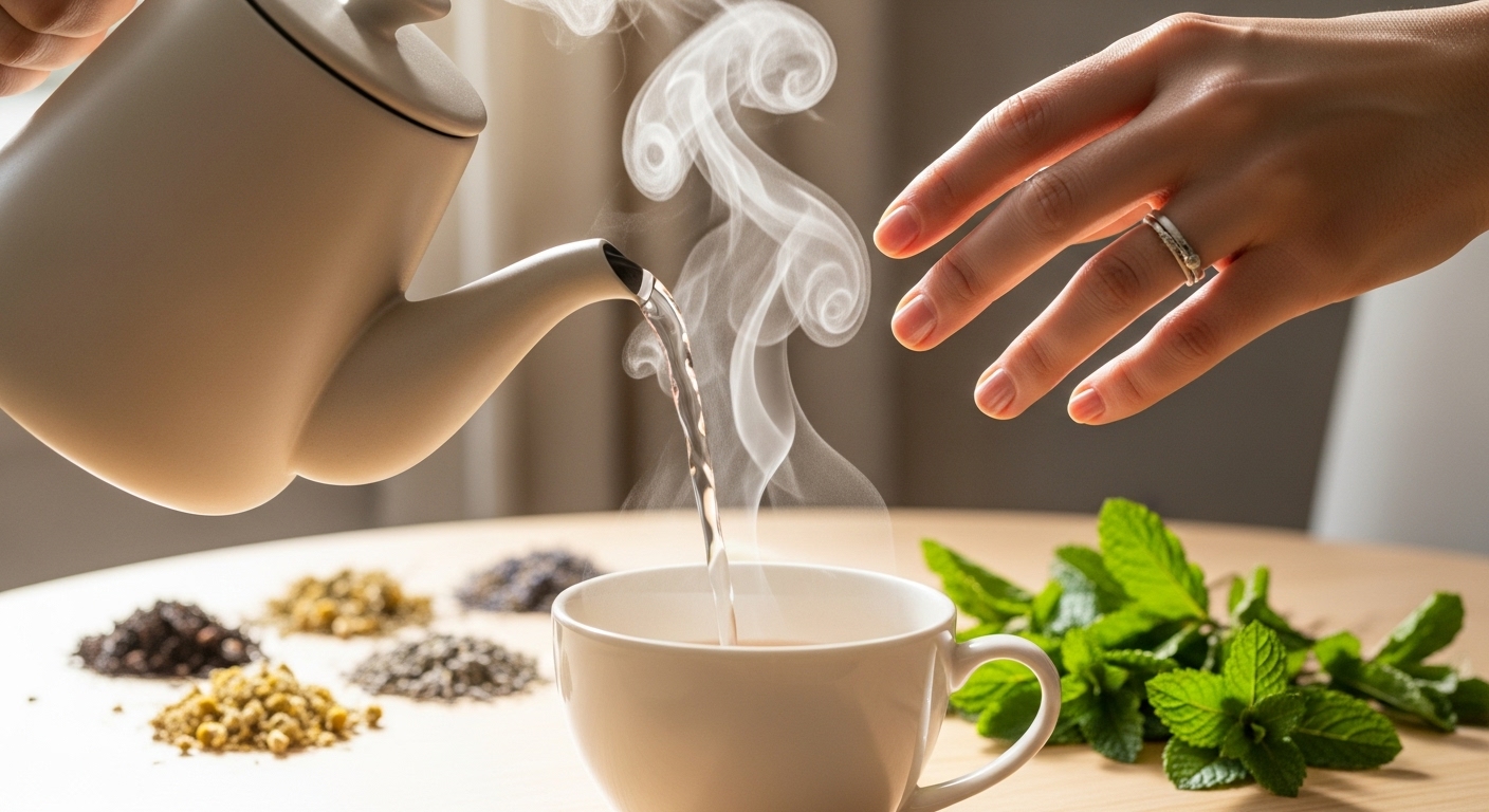 미니멀한 찻주전자로 뜨거운 물을 찻잔에 따르는 손과 잔잔한 김이 피어오르는 모습, 평화로운 티타임 준비와 진정한 휴식을 상징.
