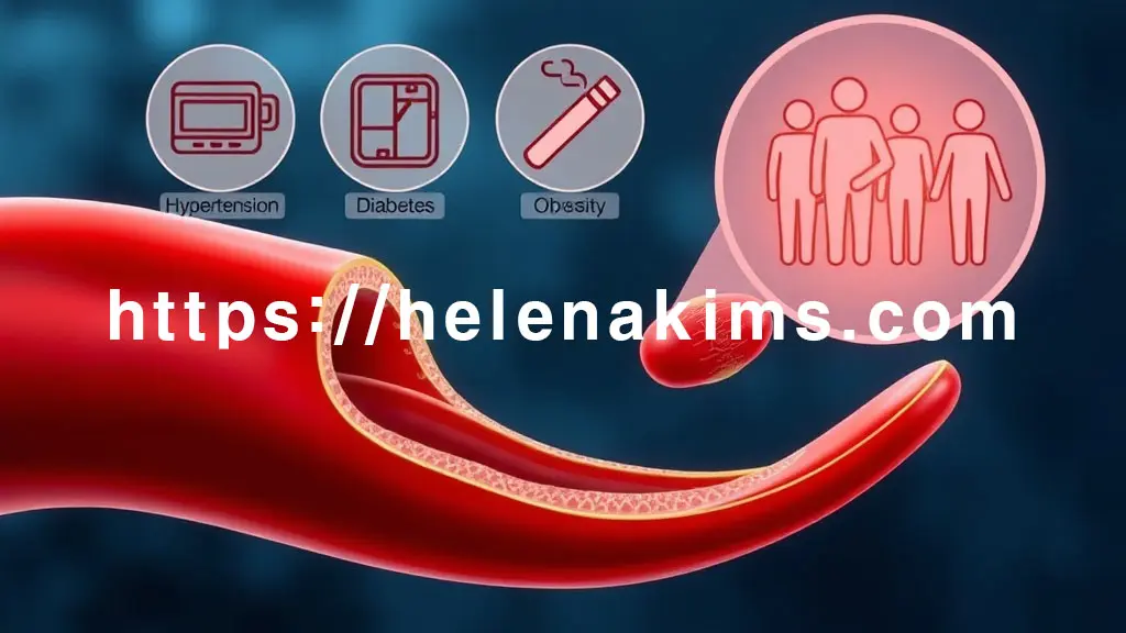 동맥경화로 좁아진 뇌혈관 단면과 형성된 혈전이 혈류를 막는 모습. 비만을 암시하는 그래픽 아이콘들.