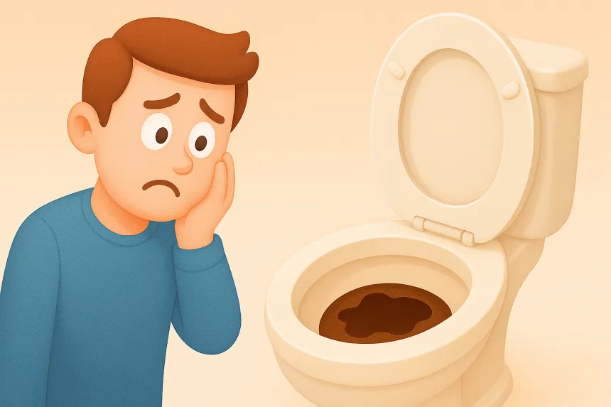 소변 색깔이 적갈색이라 놀라는 모습