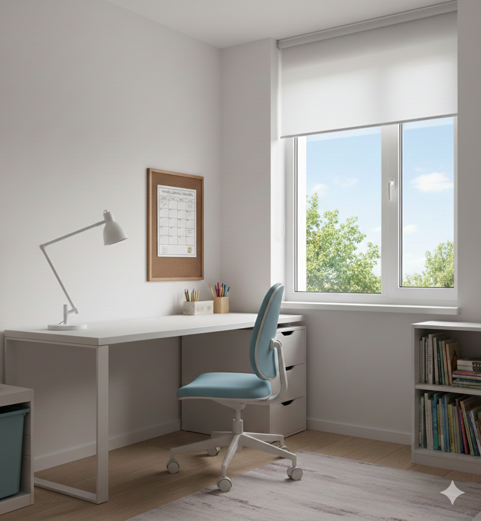 창문과 직각으로 책상을 배치한 모습