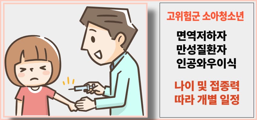 아이에게 주사 놓는 장면의 일러스트. 면역저하자, 만성질환자, 인공와우이식 아동 등 고위험군 소아청소년의 개별 접종 일정 안내