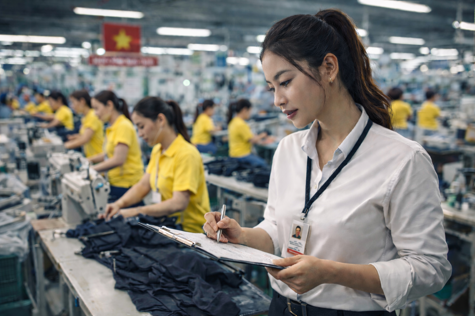 베트남 의류 공장 생산 라인을 점검하며 체크리스트를 확인하는 여성 관리자 모습, 노란 티셔츠를 입은 현장 공인들이 작업 중인 장면
