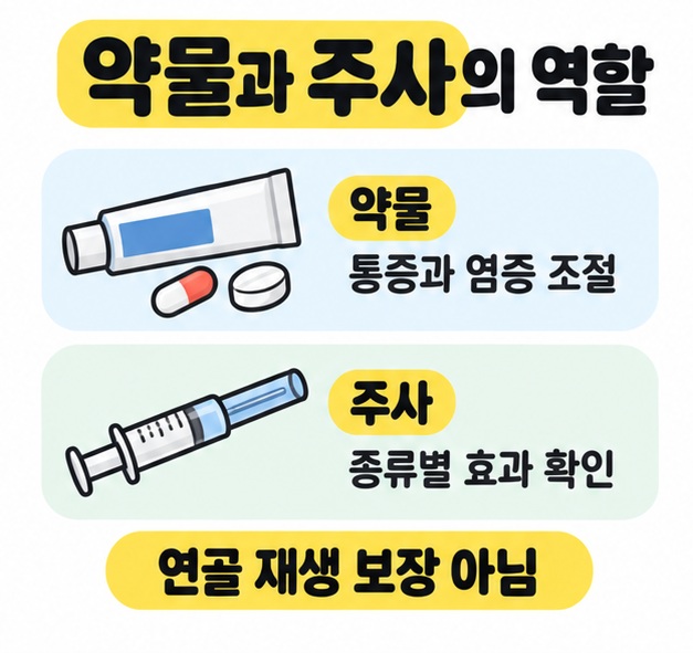 약물의 통증과 염증 조절 역할과 주사 종류별 효과 확인을 비교하고 연골 재생을 보장하지 않음을 표시한 그림