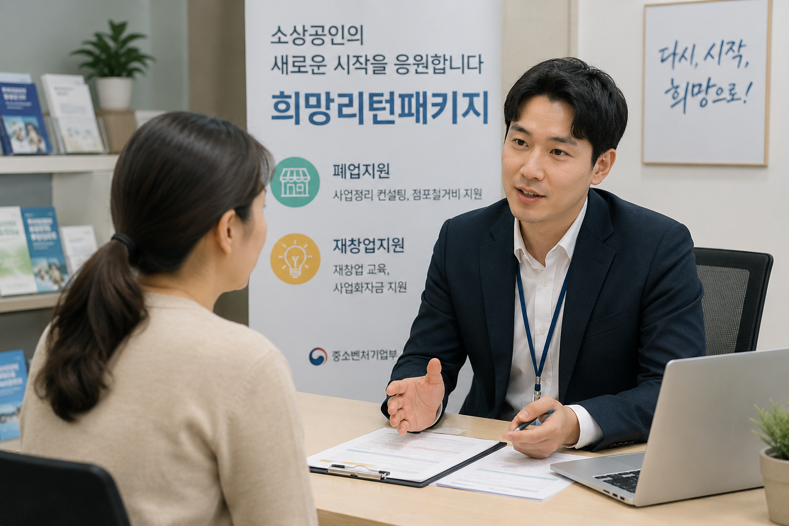한국 소상공인이 컨설턴트와 폐업 및 재창업 상담을 받는 모습, 희망리턴패키지 분위기의 현실적인 상담 장면