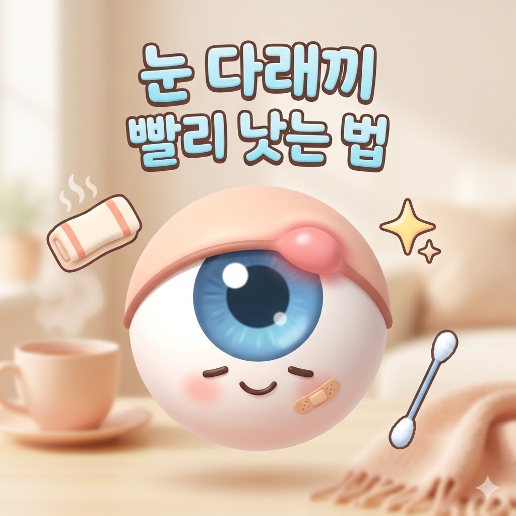 눈꺼풀에 작은 다래끼가 난 귀여운 카툰 눈과 따뜻한 찜질 도구, 면봉 등 다래끼 빠른 회복을 상징하는 요소들이 함께 그려진 3D 카툰 일러스트. '눈 다래끼 빨리 낫는 법' 한글 문구가 삽입되어 있습니다.