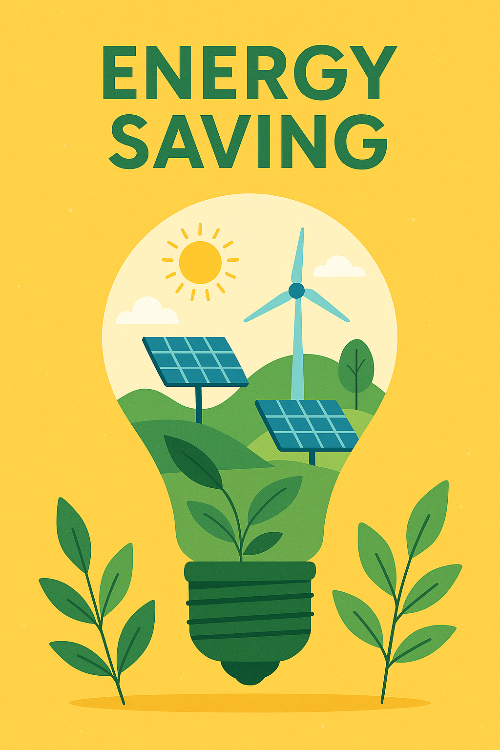 전구 모양 안에 태양광 패널, 풍력발전기, 식물이 함께 들어 있는 디지털 일러스트
