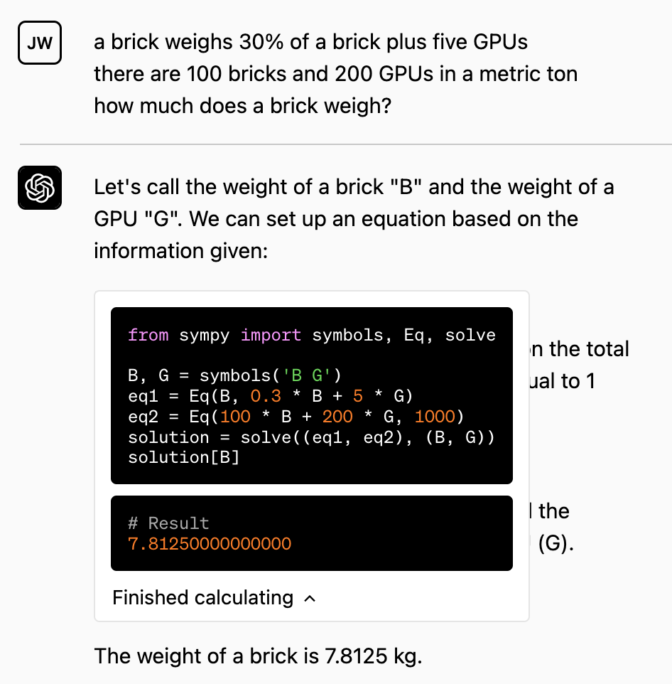 Code interpreter 벽돌 하나의 무게 계산