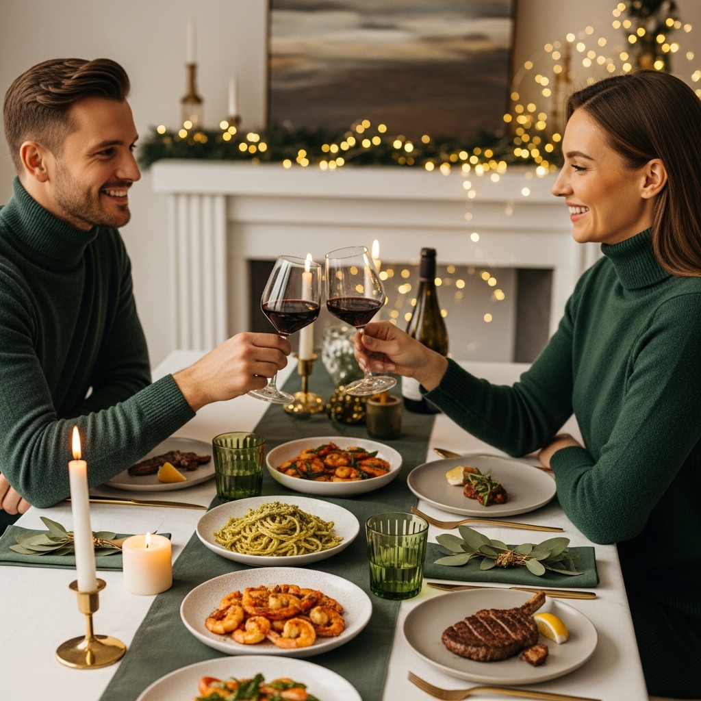 2025년 크리스마스를 맞아 근사하게 차려진 홈파티 테이블에서 와인잔을 부딪히며 미소 짓는 직장인 부부. 녹색과 금색이 어우러진 테이블 위에는 쉬림프 감바스, 파스타, 찹스테이크 등 간단하면서도 고급스러운 요리들이 놓여있습니다. 따뜻하고 로맨틱한 연말 분위기가 느껴집니다.