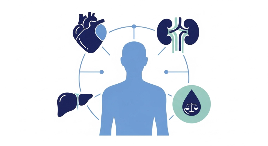 심장&middot;신장&middot;간과 체내 수분 균형을 함께 표현한 부종 요약 개념 그림