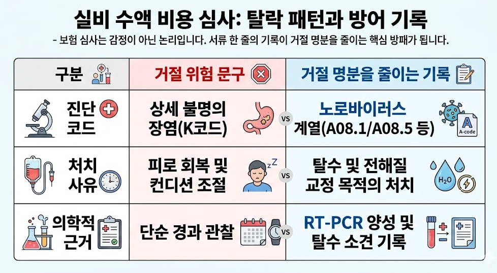 실손보험 수액 비용 심사에서 거절 사유와 방어 가능한 의학적 기록을 대비한 표 정리 이미지