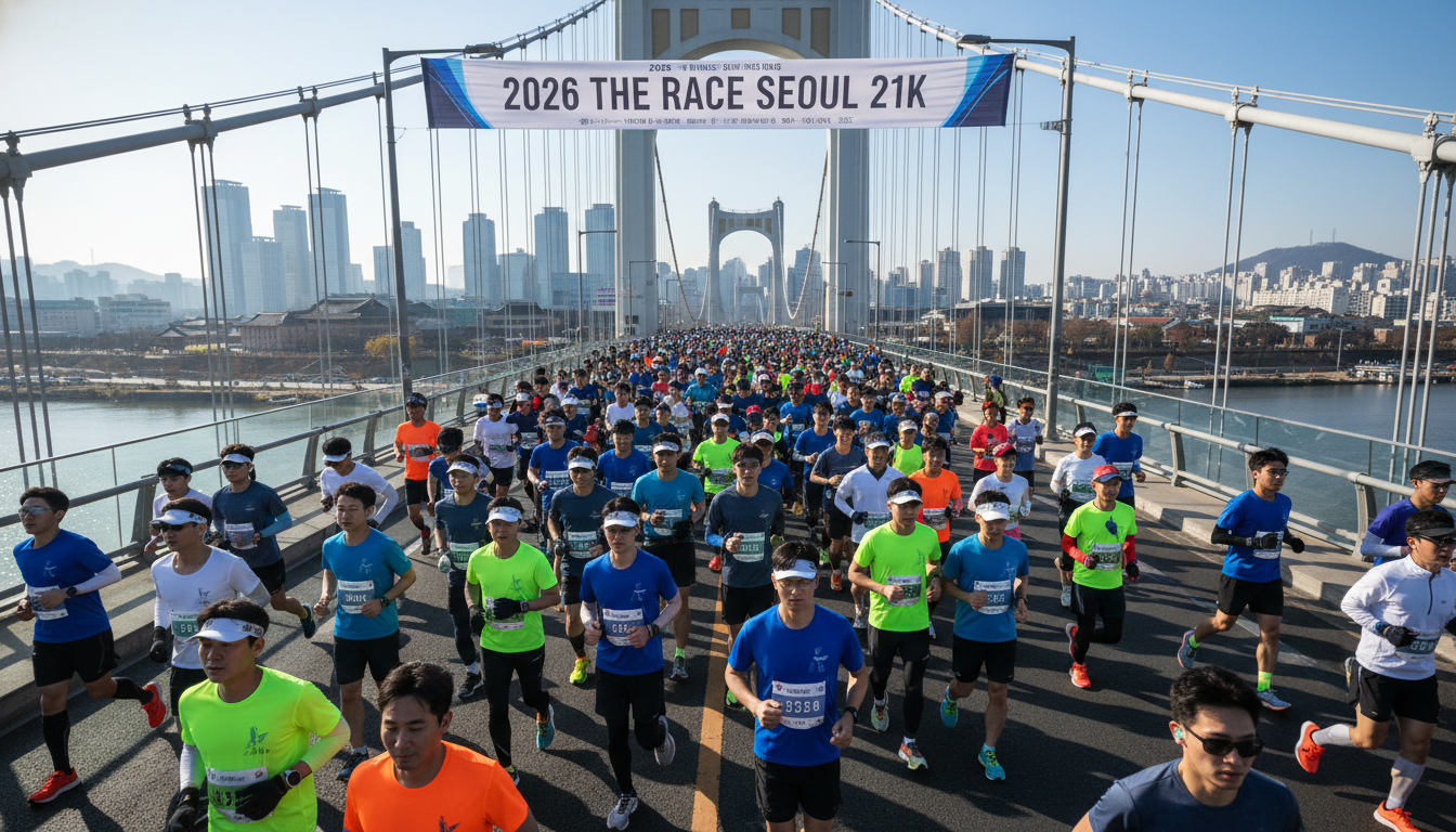 2026 더 레이스 서울 21K 마라톤에 참가하여 서울 도심을 달리는 활기찬 2030 러너들의 모습