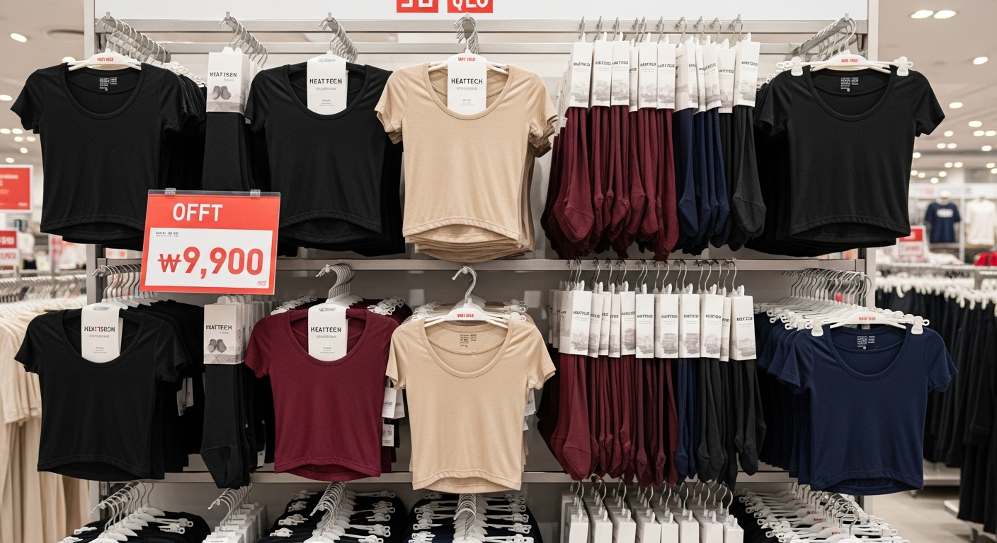 다양한 색상의 히트텍 티셔츠와 타이즈가 깔끔하게 정리되어 있는 매대