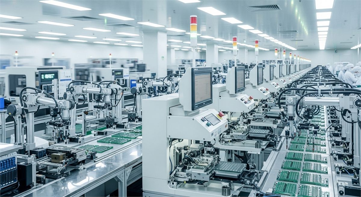 자동화된 반도체 패키징 생산라인을 넓게 담은 장면 