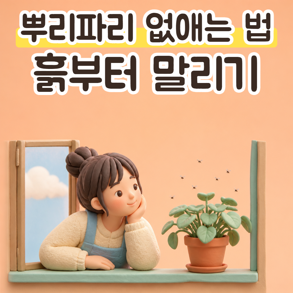 창가 화분 위를 맴도는 작은 까만 날벌레를 바라보는 사람