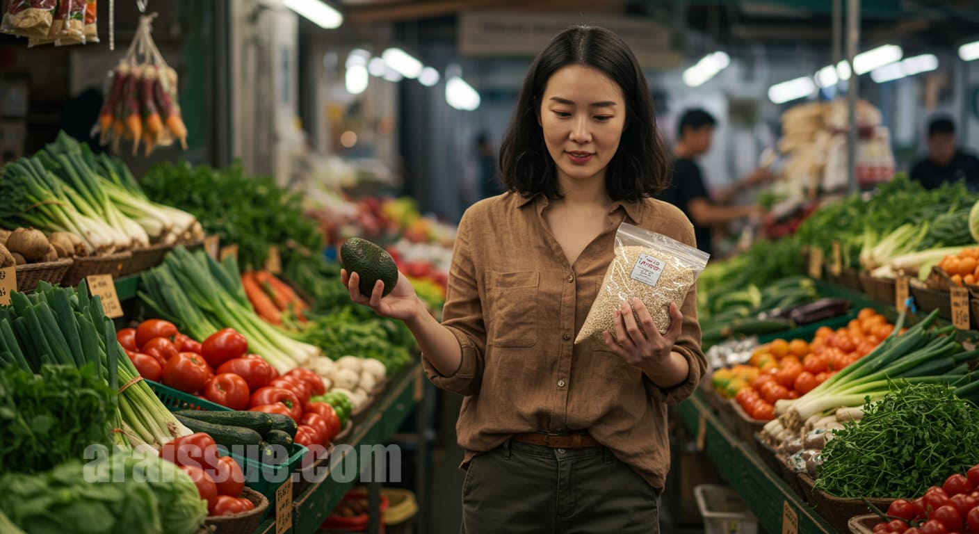 시장에서 건강한 식재료를 고르는 장면