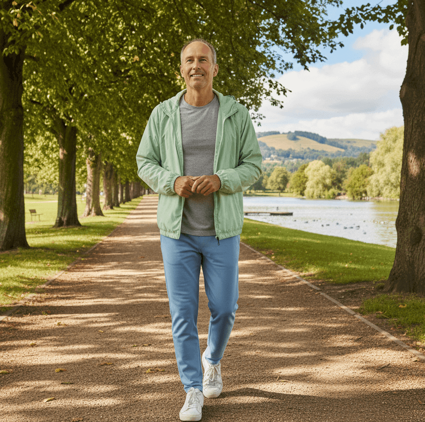 공원, 나무, 남성, 걷다, 산책, 호수