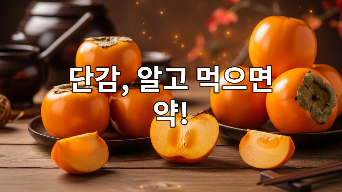 잘 익은 주황빛 단감이 나무 테이블에 놓여 있고, 일부는 단면이 보여 맛있어 보이지만, 주의 깊은 섭취의 중요성을 암시하는 이미지.