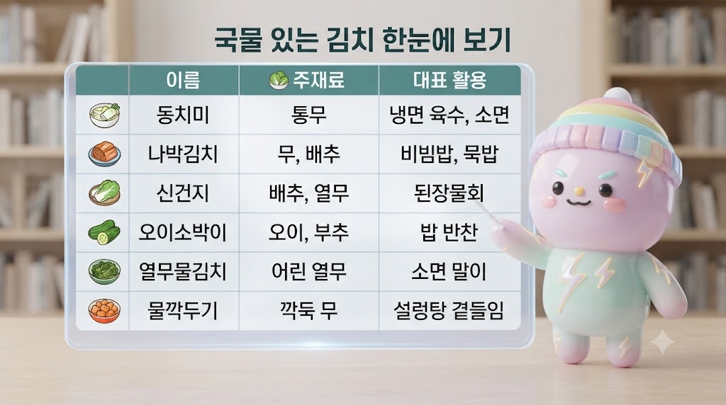 한국의 다양한 국물 김치를 한눈에 정리한 인포그래픽 표입니다. 동치미, 나박김치, 신건지, 오이소박이, 열무물김치, 물깍두기의 주재료, 국물 특징, 숙성 기간, 대표 활용법이 보기 좋게 나열되어 있습니다