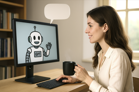 AI와 사람이 대화하는 모습 & 모니터에 GPT 프롬프트 입력 중인 여성 모습