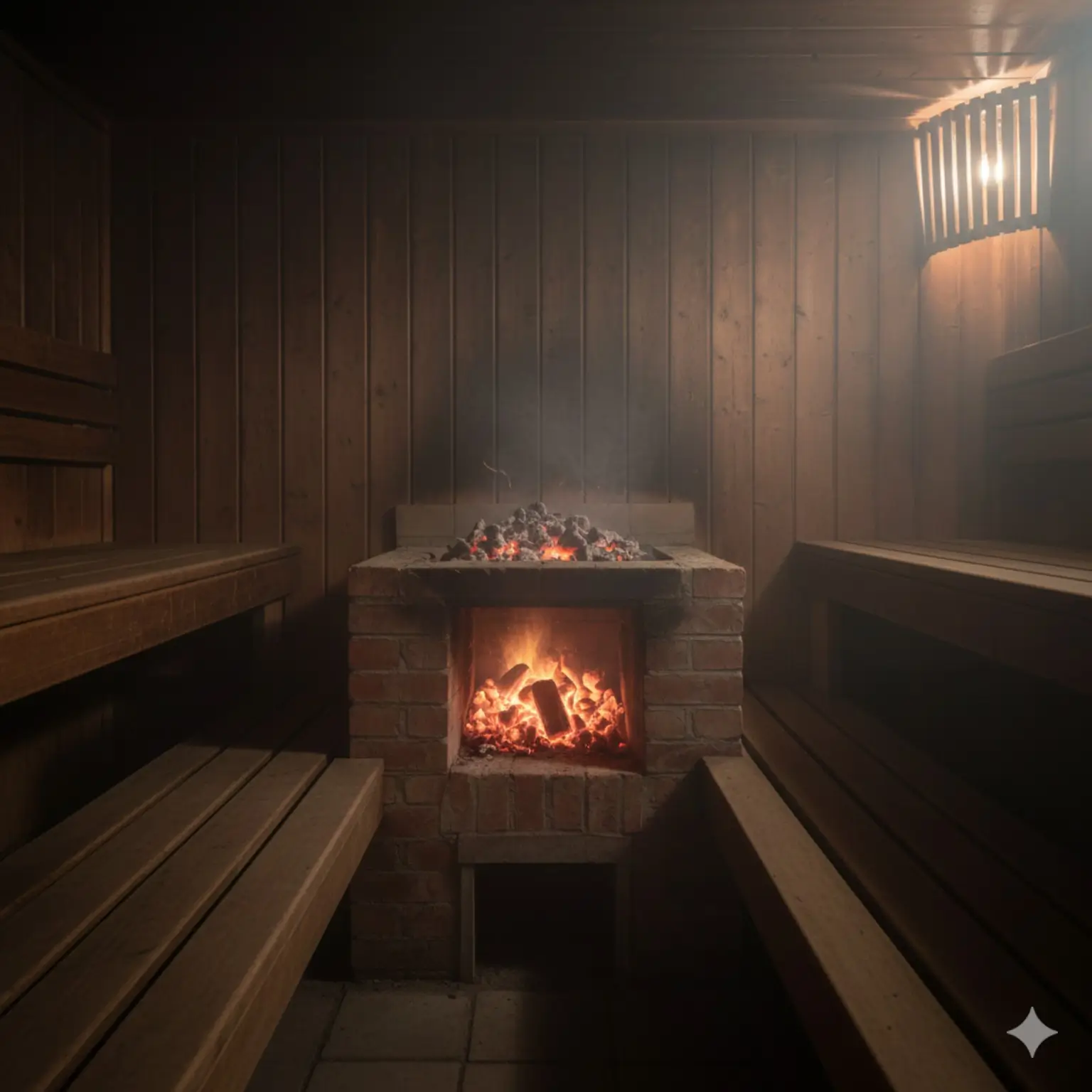 숯불이 피워진 찜질방 내부의 빈 공간으로, 공기 흐름이 적고 일산화탄소가 정체되기 쉬운 구조적 특성을 보여주는 이미지